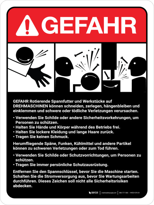Gefahr - Richtlinien für Drehmaschinen (Danger - Lathe Machine Guidelines) ANSI German - Wall Sign