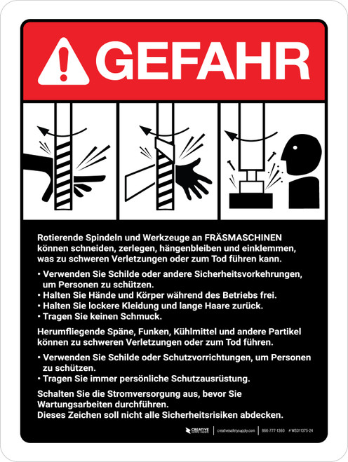 Gefahr - Richtlinien für Fräsmaschinen (Danger - Milling Machine Guidelines) ANSI German - Wall Sign