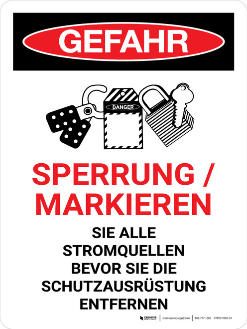 Gefahr - Sperrung/Markieren (Danger - Lock Out Tag Out) Portrait German - Wall Sign