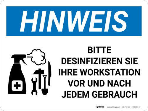 Hinweis - Bitte desinfizieren Sie Ihre Workstation (Notice - Please Disinfect Your Workstation) Landscape German - Wall Sign