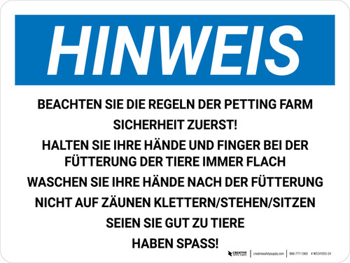 Hinweis - Die Regeln Der Petting Farm (Notice - Petting Farm Rules Safety) Landscape German - Wall Sign