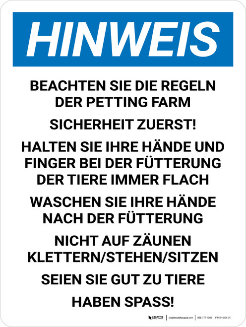 Hinweis - Die Regeln Der Petting Farm (Notice - Petting Farm Rules Safety) Portrait German - Wall Sign