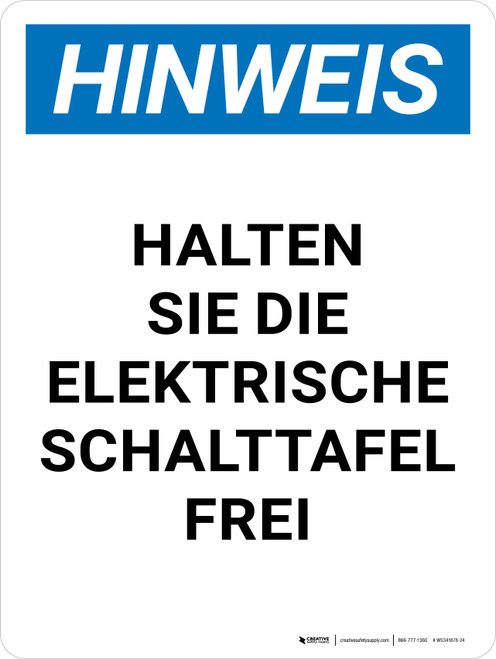 Hinweis - Halten Sie die Schalttafel frei (Notice - Keep Electrical Panel Clear) Portrait German - Wall Sign