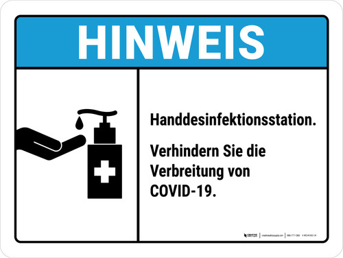 Hinweis - Handdesinfektionsstation verhindern COVID-19 (Notice - Hand Sanitizer Station Prevent COVID-19) ANSI Landscape - Wall Sign