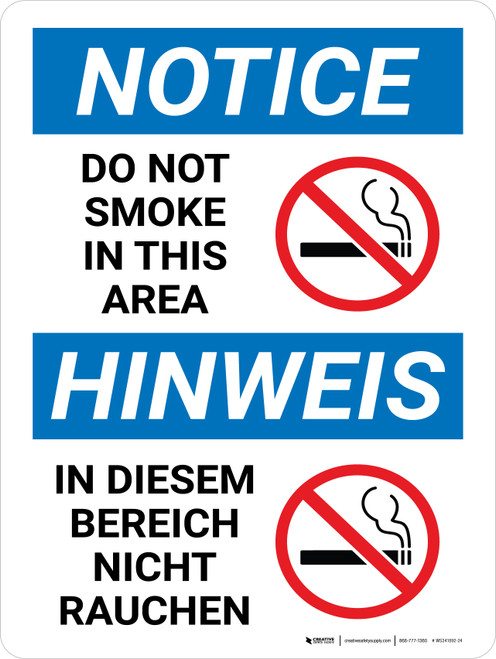 Hinweis - In Diesem Bereich Nicht Rauchen (Notice - Do Not Smoke In This Area) Bilingual German - Wall Sign