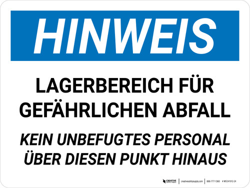 Hinweis - Lagerbereich für gefährliche Abfälle (Notice - Hazardous Waste Storage Area) German Landscape - Wall Sign