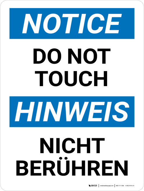 Hinweis - NICHT BERÜHREN (Notice - Do Not Touch) Bilingual German - Wall Sign