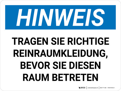 Hinweis - PSA-Reinraumkleidung (Notice - PPE Cleanroom Clothing) German - Wall Sign