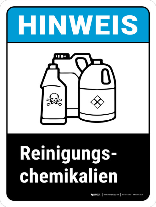 HINWEIS - Reinigungschemikalien (NOTICE - Cleaning Chemicals) ANSI Portrait German - Wall Sign