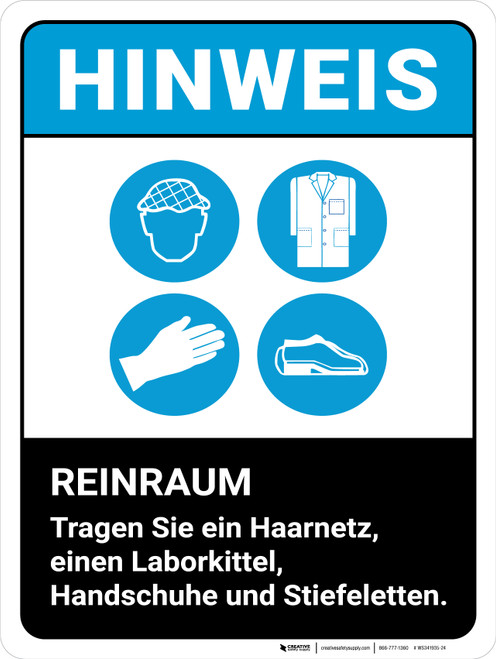 HINWEIS - Reinraum (NOTICE - Clean Room) Portrait German - Wall Sign