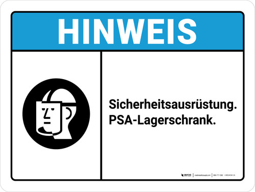 Hinweis - Sicherheitsausrüstung PSA-Aufbewahrungsschrank (Notice - Safety Equipment PPE Storage Cabinet) ANSI Landscape German - Wall Sign
