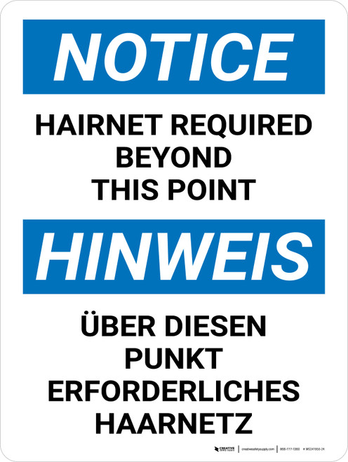 Hinweis - Über diesen Punkt hinaus ist ein Haarnetz erforderlich (Notice - Hairnet Required Beyond This Point) Bilingual German - Wall Sign