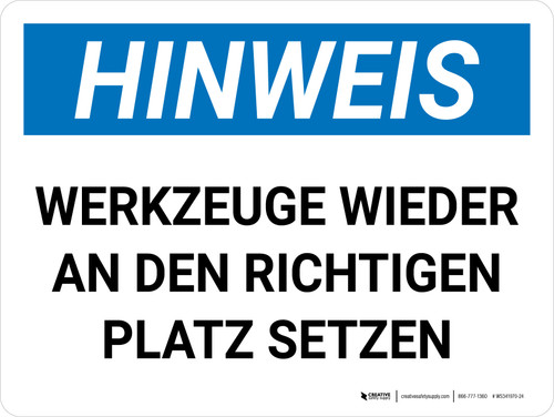 Hinweis - Zimmerreinigung Richtigen Platz (Notice - Housekeeping Proper Place) Landscape German - Wall Sign