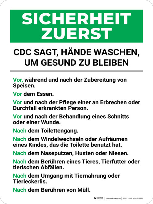 Sicherheit Zuerst - CDC Hände waschen oft (Safety First - CDC Wash Hands Often) Portrait German - Wall Sign
