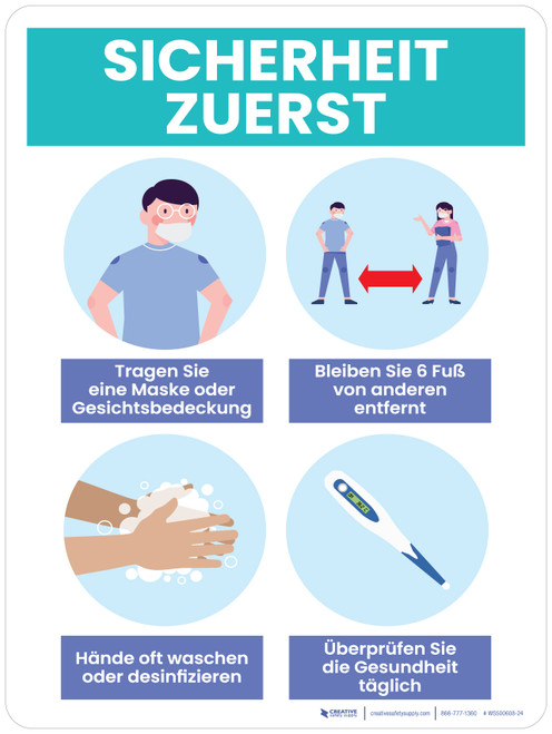 Sicherheit Zuerst - Tragen Sie Maske Soziale Distanzierung Waschen Sie sich die Hände überprüfen Sie Gesundheit - Wandschild (Safety First - Wear Mask Social Distancing Wash Hands Check Health) German - Wall Sign