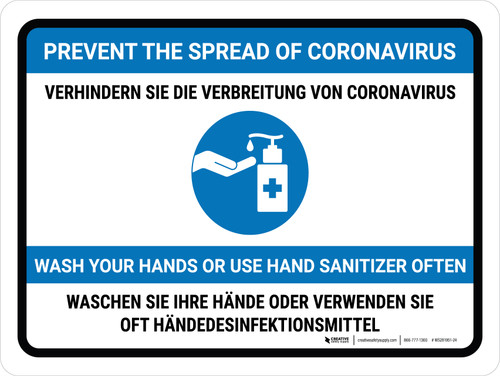 Verhindern Sie Coronavirus - Waschen Sie Ihre Hände oder verwenden Sie Händedesinfektionsmittel (Prevent Coronavirus - Wash Your Hands Or Use Hand Sanitizer) Bilingual German - Wall Sign