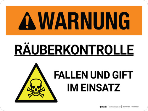 Warnung - Räuberkontrolle Fallen und Gift im Einsatz (Warning - Predator Control Traps & Poison In Use) Landscape German - Wall Sign