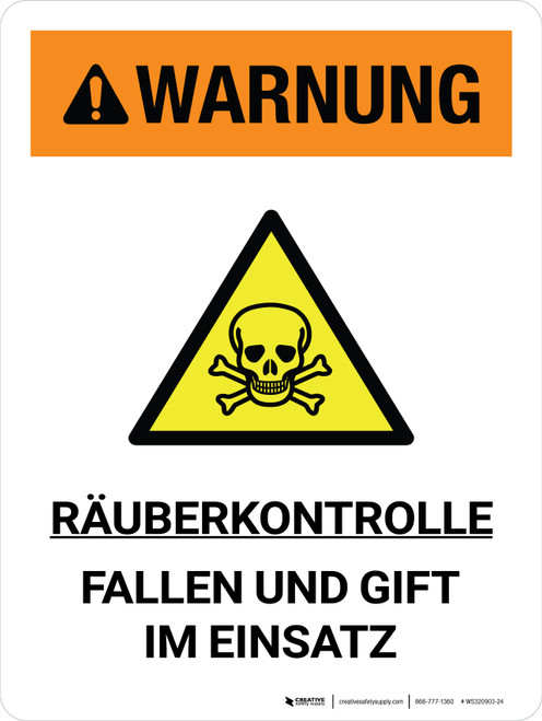 Warnung - Räuberkontrolle Fallen und Gift im Einsatz (Warning - Predator Control Traps & Poison In Use) Portrait German - Wall Sign