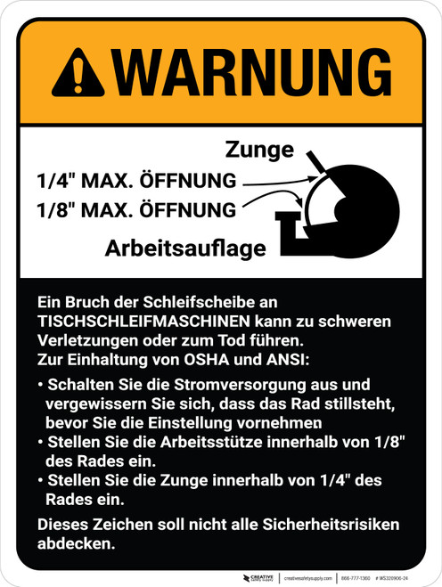 Warnung - Richtlinien für Tischschleifmaschinen (Wheel Breakage/Bench Grinder Guidelines) ANSI German - Wall Sign
