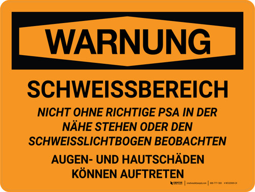 Warnung - Schweißbereich (Warning - Welding Area) Landscape German - Wall Sign