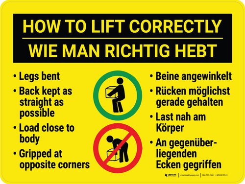 Wie Man Richtig Hebt (How to Lift Correctly) Bilingual German - Wall Sign