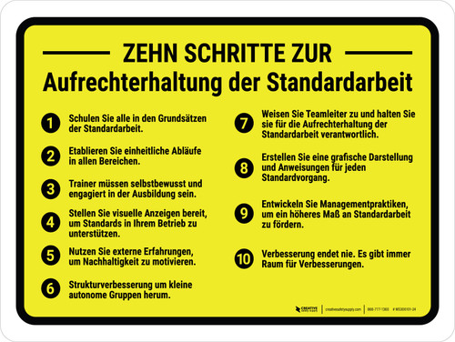 Zehn Schritte zur Beibehaltung der Standardarbeitslandschaft (Ten Steps To Maintain Standard Work) German - Wall Sign