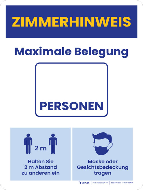 Zimmerhinweis - Maximale Belegung (Room Notice Maximum Occupancy) German - Wall Sign
