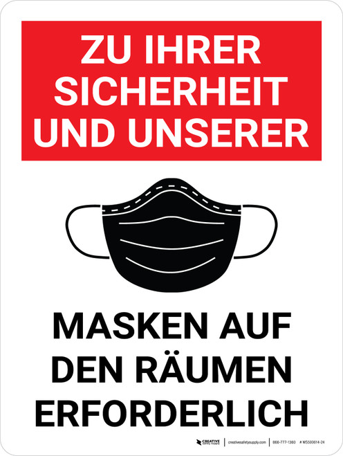 Zu Ihrer Sicherheit Und Unserer Masken Auf Den Räumen Erforderlich (For Your Safety And Ours Masks Required on the Premises) German - Wall Sign