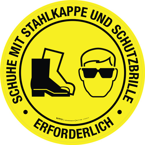 Schuhe mit Stahlkappe und Schutzbrille erforderlich (Steel Toe Shoes And Safety Glasses Required) Circular German - Floor Sign