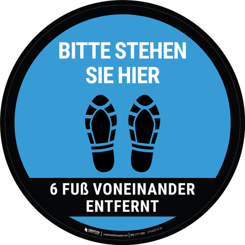 Bitte stehen Sie hier 6 Fuss Voneinander Entfernt (Please Stand Here 6 Feet Apart) with Shoeprints Circular German - Floor Sign