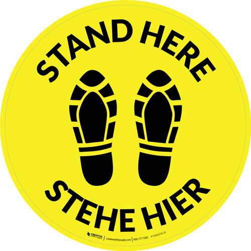 Stehe Hier (Stand Here) with Shoeprints Icon Bilingual Circular German - Floor Sign