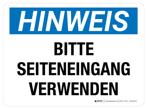 Hinweis - Bitte Seiteneingang Verwenden (Notice - Please Use Side Entrance) Rectangular German - Floor Sign