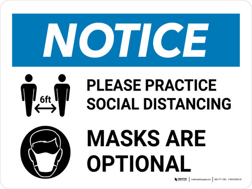 Notice: Practice Social Distancing Mask Are Optional Landscape - Wall Sign
