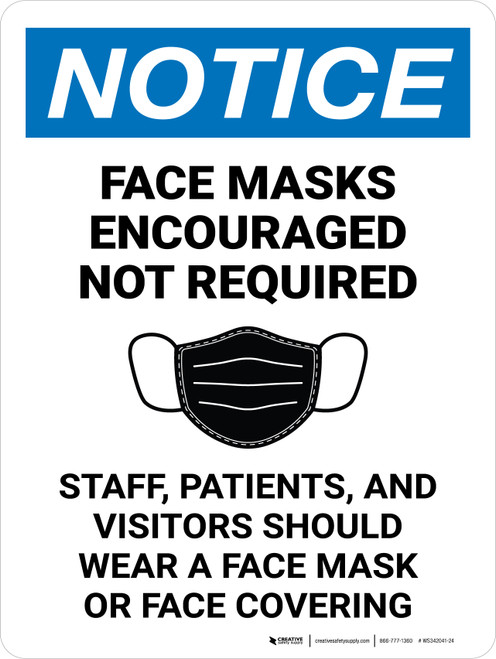 Notice: Masks Encouraged Not Required Patients Staff Portrait - Wall Sign