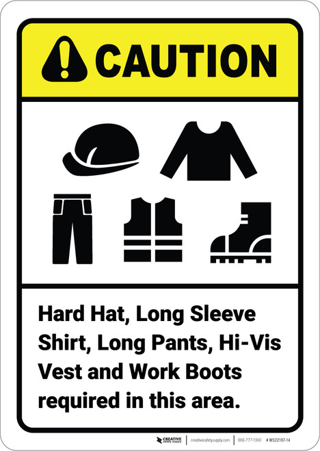 Caution: Hard Hat Long Shirt Pants Vest Boots Required ANSI - Wall Sign