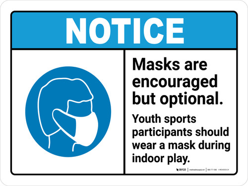 Notice: Masks Encouraged But Optional Youth Participants ANSI Landscape - Wall Sign