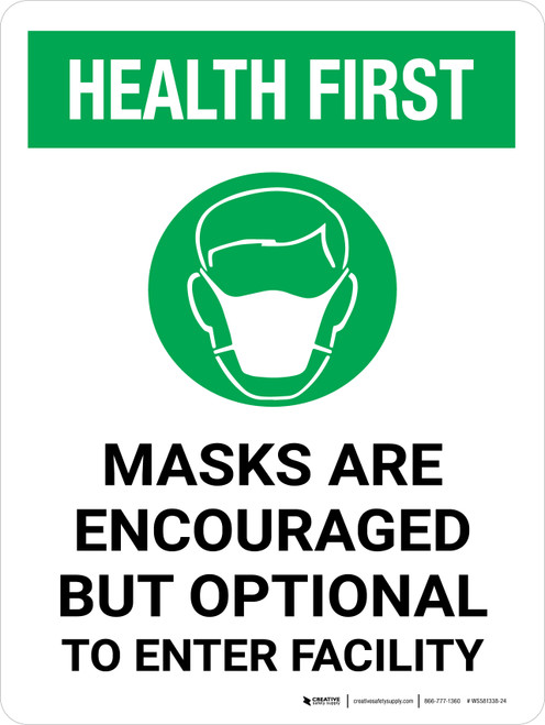Health First: Masks Encouraged But Optional Enter Facility Portrait - Wall Sign