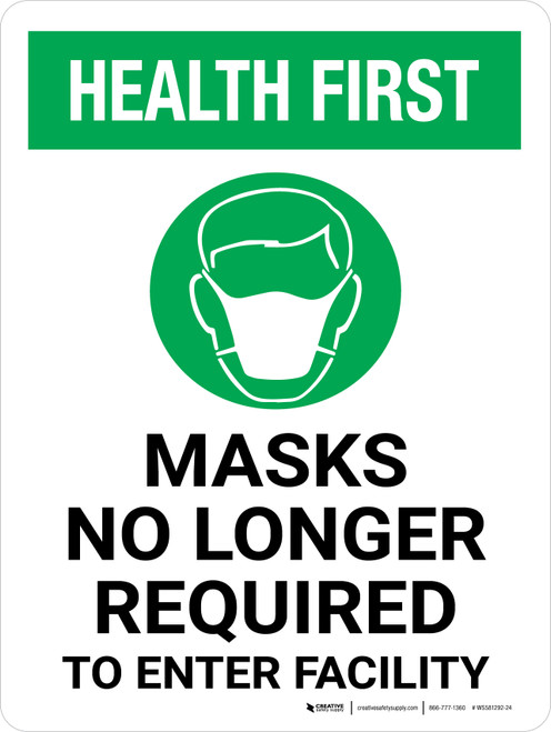 Health First: Masks No Longer Required Enter Facility Portrait - Wall Sign