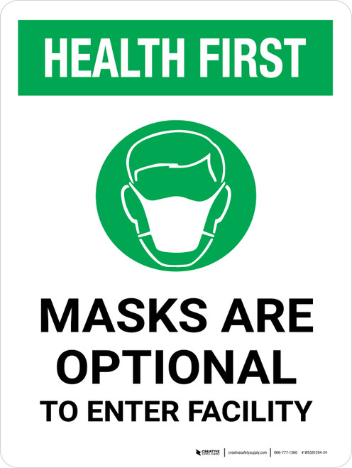 Health First: Masks Optional Enter Facility Portrait - Wall Sign