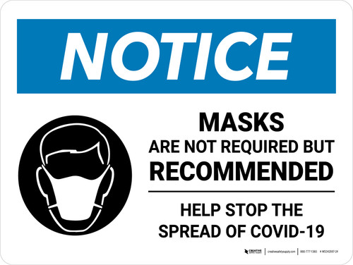 Notice: Masks Are Not Required But Recommended - Help Stop COVID-19 Landscape - Wall Sign
