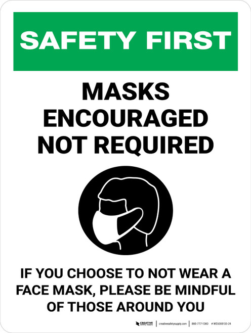 Safety First: Masks Encouraged Not Required - Please Be Mindful of Those Around You Portrait - Wall Sign