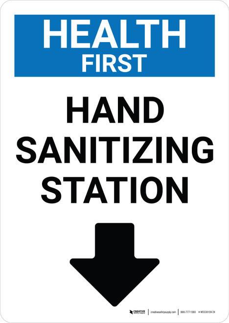 Health First - Hand Sanitizing Station Arrow Down Portrait - Wall Sign