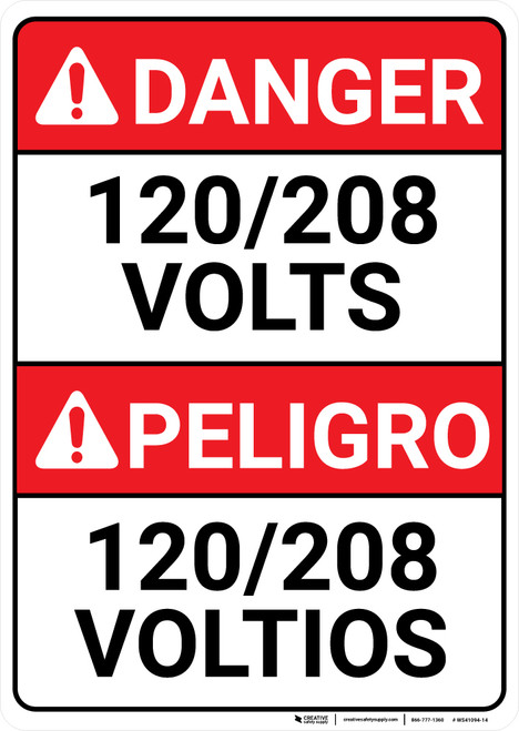 Danger: 120/208 Volts Bilingual Spanish - Wall Sign