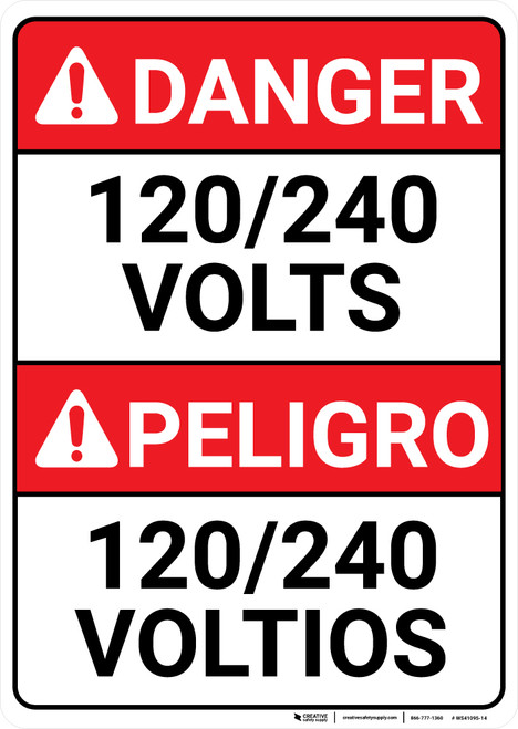 Danger: 120/240 Volts Bilingual Spanish - Wall Sign