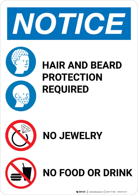 Notice: Hair and Beard Protection Required No Jewelry Food Drink Portrait - Wall Sign
