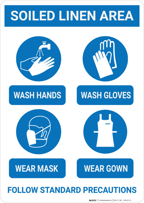 Soiled Linen Area - Follow Standard Precautions with Icons Portrait - Wall Sign