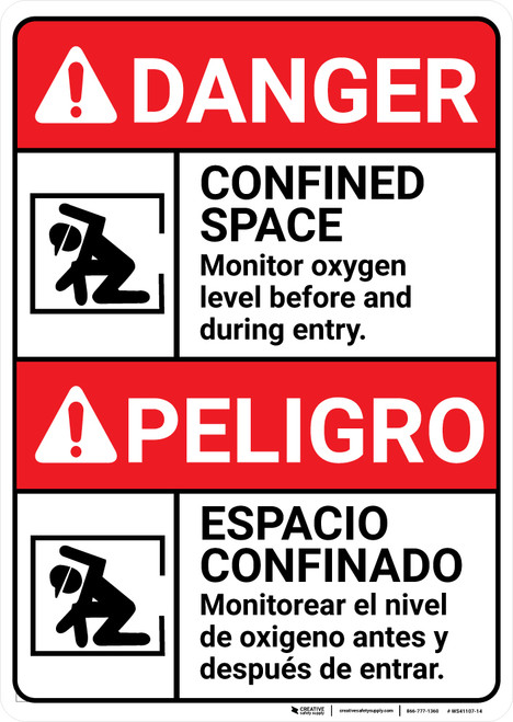 Danger: Confined Space Monitor Oxygen Level Bilingual Spanish - Wall Sign
