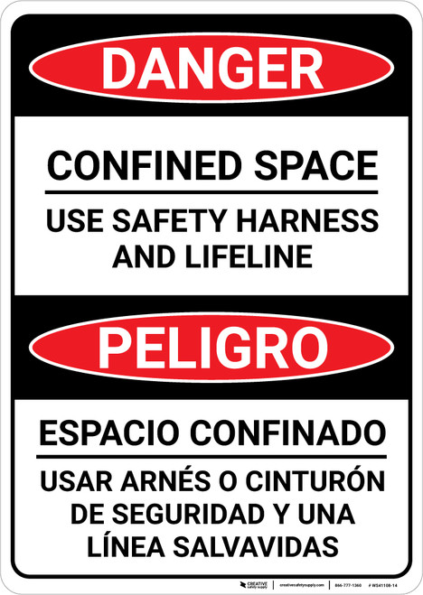 Danger: Confined Space Use Harness and Lifeline Bilingual Spanish - Wall Sign