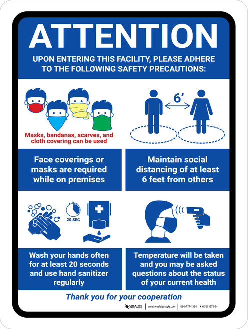 Attention: Upon Entering This Facility Please Adhere to Safety Precautions Portrait - Wall Sign