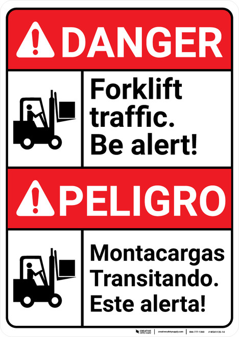 Danger: Forklift Traffic be Alert Bilingual Spanish - Wall Sign